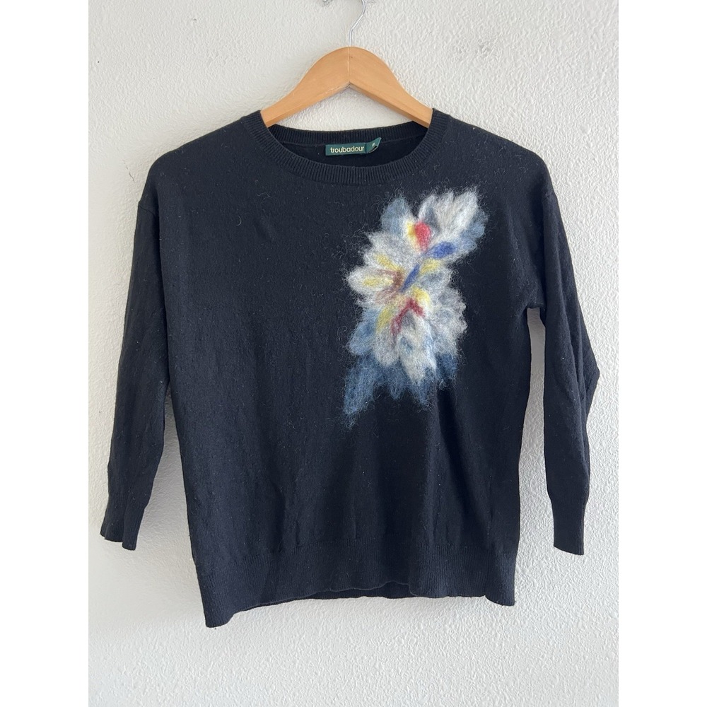 Troubadour Black Floral Sweater Top Size XS Lambswool Blend Feminine Casual
